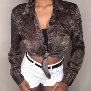 Vintage Talbots, paisley, brown, 100% SILK, button down blouse